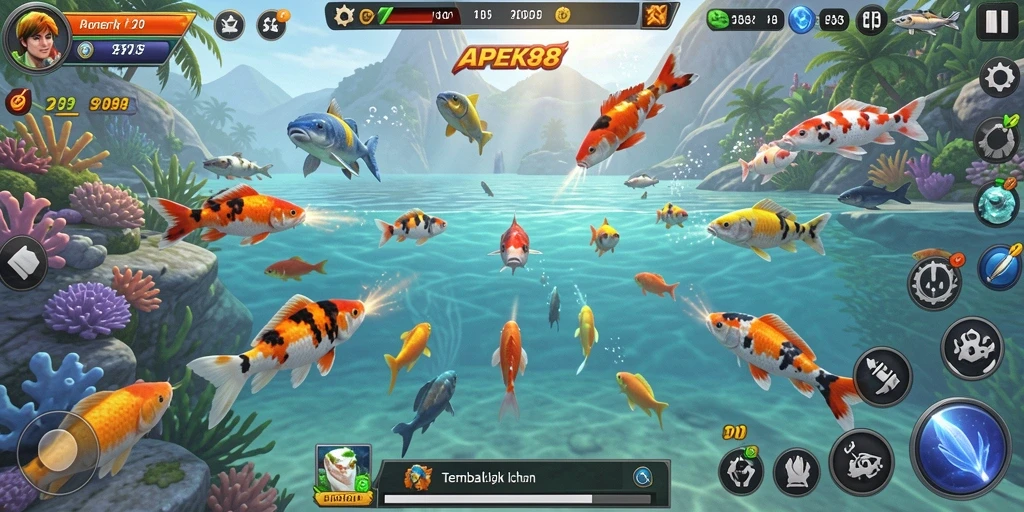 Screenshot utama APEK88 menampilkan gameplay seru saat menembak ikan.