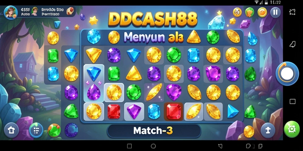 Screenshot gameplay seru dari IDCASH88 yang menampilkan permata berwarna-warni.