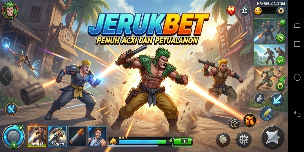 Tampilan aksi mendebarkan di JERUKBET saat karakter bertarung dengan musuh.