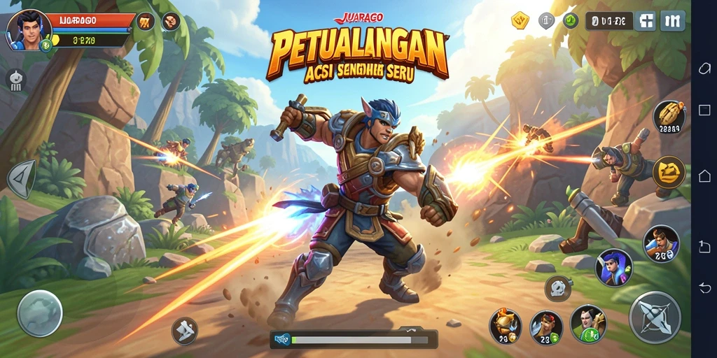 Tangkapan layar utama JUARAGO menampilkan karakter beraksi dalam pertempuran seru.