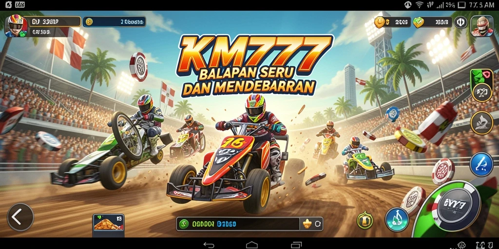 Screenshot gameplay KM777 menunjukkan balapan seru di trek yang menantang.
