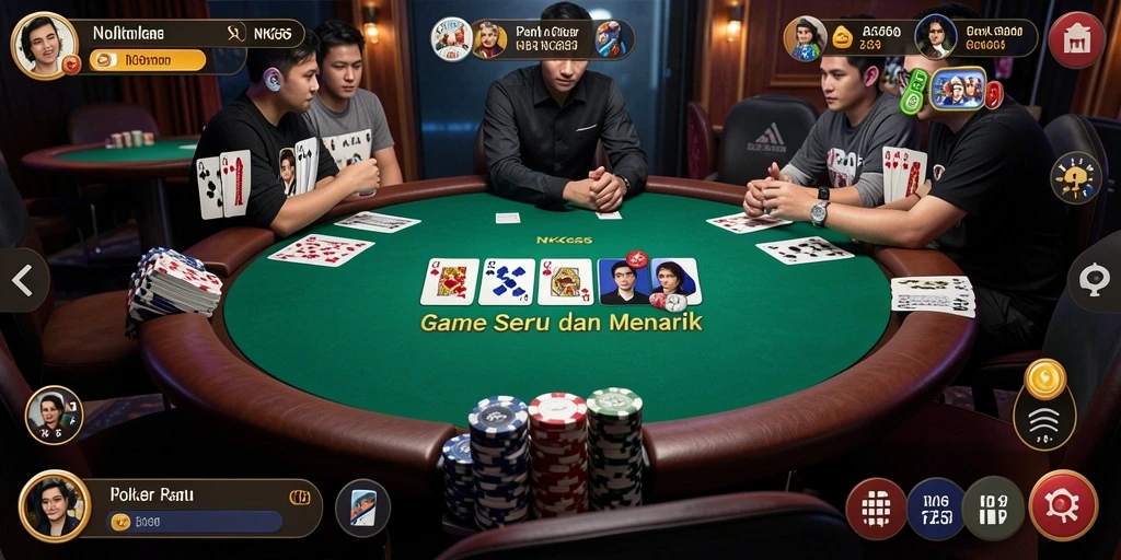 Screenshot menunjukkan gameplay seru di NK666 dengan pemain berkompetisi di meja Poker.