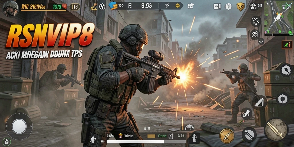 Screenshot gameplay RSNVIP8 menampilkan aksi menegangkan dalam pertempuran TPS.